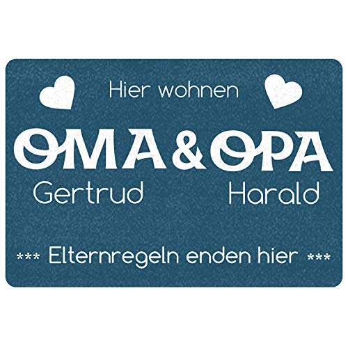 Geschenke 24 | Fußmatte personalisiert Elternregeln Enden Hier (blau - Oma&Opa, Ohne Rand - 60x40cm) | Schmutzfangmatte für innen und außen | mit Wunschnamen Bedruckt | Eingangstür von Geschenke 24