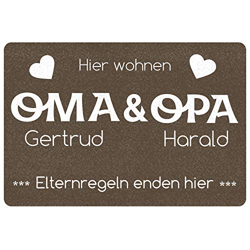 Geschenke 24 | Fußmatte personalisiert Elternregeln Enden Hier (braun - Oma&Opa, Ohne Rand - 60x40cm) | Schmutzfangmatte für innen und außen | mit Wunschnamen Bedruckt | Eingangstür von Geschenke 24