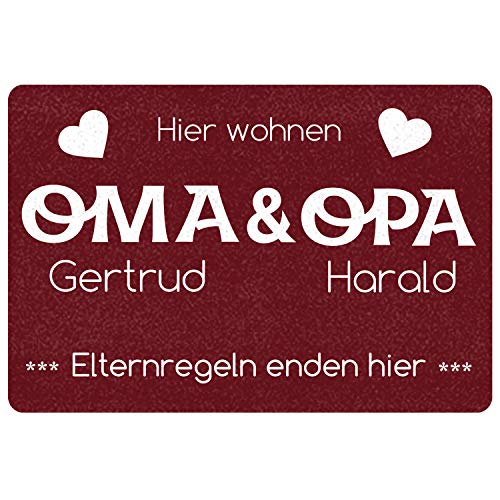 Geschenke 24 | Fußmatte personalisiert Elternregeln Enden Hier (rot - Oma&Opa, Ohne Rand - 60x40cm) | Schmutzfangmatte für innen und außen | mit Wunschnamen Bedruckt | Eingangstür von Geschenke 24