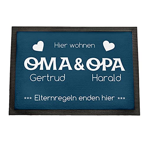 Geschenke 24 | Fußmatte personalisiert Elternregeln Enden Hier (blau - Oma&Opa, Mit Rand - 60x40cm) | Schmutzfangmatte für innen und außen | mit Wunschnamen Bedruckt | Eingangstür von Geschenke 24