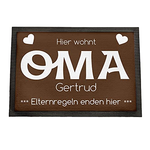 Geschenke 24 | Fußmatte personalisiert Elternregeln Enden Hier (braun - Oma, Mit Rand - 50x35cm) | Schmutzfangmatte für innen und außen | mit Wunschnamen Bedruckt | Eingangstür von Geschenke 24