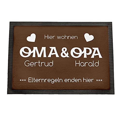 Geschenke 24 | Fußmatte personalisiert Elternregeln Enden Hier (braun - Oma&Opa, Mit Rand - 50x35cm) | Schmutzfangmatte für innen und außen | mit Wunschnamen Bedruckt | Eingangstür von Geschenke 24