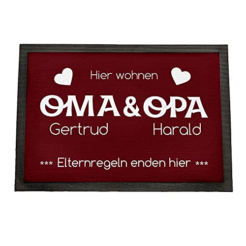 Geschenke 24 | Fußmatte personalisiert Elternregeln Enden Hier (rot - Oma&Opa, Mit Rand - 50x35cm) | Schmutzfangmatte für innen und außen | mit Wunschnamen Bedruckt | Eingangstür von Geschenke 24