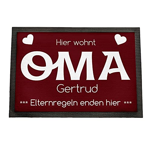 Geschenke 24 | Fußmatte personalisiert Elternregeln Enden Hier (rot - Oma, Mit Rand - 50x35cm) | Schmutzfangmatte für innen und außen | mit Wunschnamen Bedruckt | Eingangstür von Geschenke 24