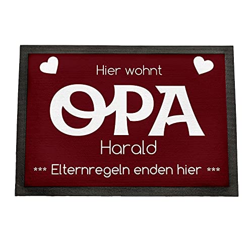 Geschenke 24 | Fußmatte personalisiert Elternregeln Enden Hier (rot - Opa, Mit Rand - 60x40cm) | Schmutzfangmatte für innen und außen | mit Wunschnamen Bedruckt | Eingangstür von Geschenke 24