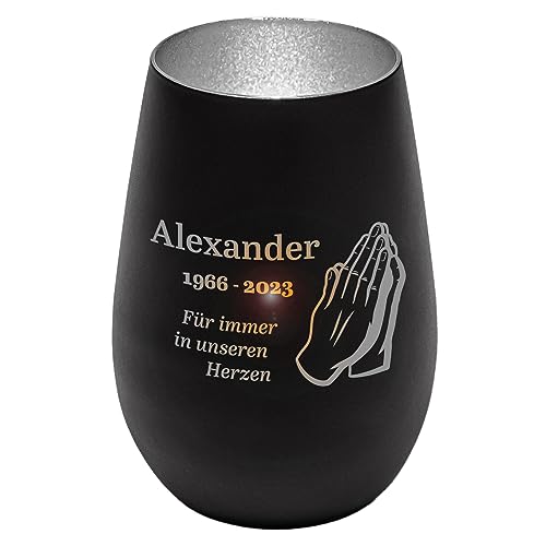 Geschenke 24 | Gedenklicht aus Glas graviert mit Wunschnamen Spruch (Schwarz/Silber) | Windlicht | Andenken | personalisiert | Trauergeschenk | Teelichtglas | Teelichthalter | Grablicht von Geschenke 24