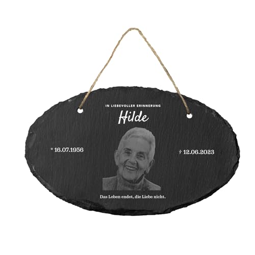 Gedenktafel aus Schiefer (oval - Fotogravur) | personalisiert mit Foto, Name, Datum und Wunschtext | Trauertafel | individuelle Grabbeigabe | Schiefertafel zum Aufhängen von Geschenke 24