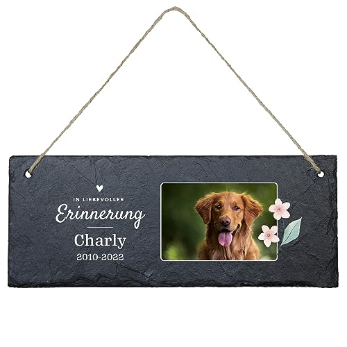 Gedenktafel für Hund und Katze aus Schiefer mit Bild und UV Druck | Personalisiert mit Foto | Tiergrabstein für Haustiere | Grabplatte mit Foto | Eckig 25x10cm von Geschenke 24