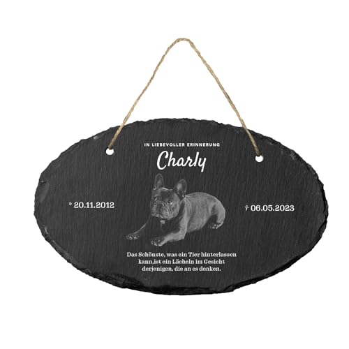 Gedenktafel für Hund und Katze aus Schiefer mit Bild und Gravur | Wetterfest graviert und personalisiert | Tiergrabstein für draußen | Grabplatte Haustier mit Foto | Oval 25x10cm von Geschenke 24