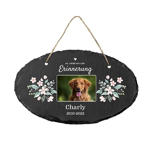 Gedenktafel für Hund und Katze aus Schiefer mit Bild und UV Druck | Personalisiert mit Foto | Tiergrabstein für Haustiere | Grabplatte mit Foto | Oval 20x10cm von Geschenke 24