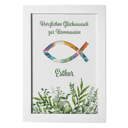 Geschenke 24 | Geldgeschenk personalisiert im Bilderrahmen zur Kommunion (weiß,Fisch) | mit Wunschnamen oder Wunschtext bedruckt | für Mädchen und Jungen | Wandbild mit Druck von Geschenke 24