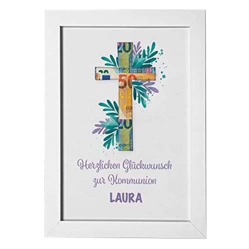 Geschenke 24 | Geldgeschenk personalisiert im Bilderrahmen zur Kommunion (weiß,Kreuz) | mit Wunschnamen oder Wunschtext bedruckt | für Mädchen und Jungen | Wandbild mit Druck von Geschenke 24