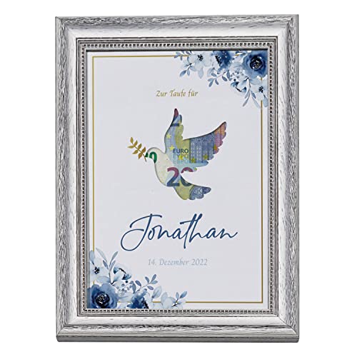 Geschenke 24 | Geldgeschenk personalisiert im Bilderrahmen zur Taufe (Landhaus-weiß-shabby) | mit Wunschnamen und Taufdatum bedruckt | für Mädchen und Jungen | Wandbild mit Druck von Geschenke 24