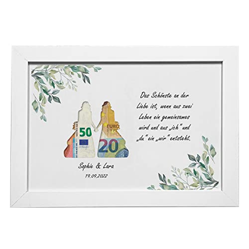 Geschenke 24 Geldgeschenk personalisiert zur Hochzeit im Bilderrahmen Hochzeitspaar | mit zwei Wunschnamen, Wunschdatum und Wunschtext bedruckt | Hochzeitsgeschenk | (DIN-A4, weiß) von Geschenke 24