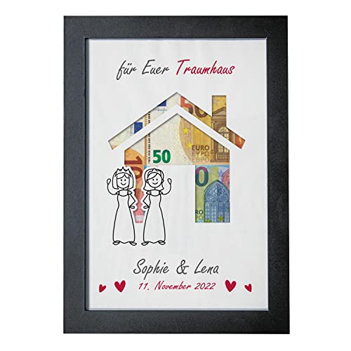 Geschenke 24 Geldgeschenk personalisiert zur Hochzeit im Bilderrahmen Traumhaus | Wandbild mit Druck | mit Wunschnamen und Wunschdatum | DIN-A4 | Hochzeitsgeschenk | (schwarz) von Geschenke 24