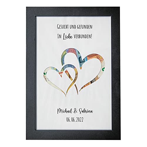 Personalisiertes Geldgeschenk zur Hochzeit I inklusive A4 Bilderrahmen Schwarz I Hochzeitsgeschenke für das Brautpaar I Herzen von Geschenke 24