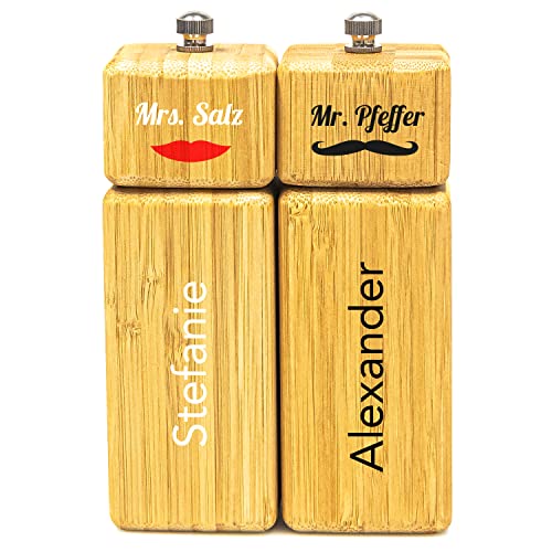 Geschenke 24 Gewürzmühlenset aus Bambus mit Personalisierung I Handmühlen I Mrs. Salz und Mr. Pfeffer I romantische Geschenkidee oder Tischdekoration zur Hochzeit von Geschenke 24