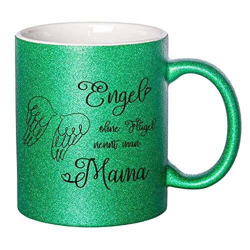 Geschenke 24 Glitzer Tasse Engel ohne Flügel nennt man Mama - Tasse mit Spruch | viele Farben | Kaffeebecher, Muttertagsgeschenk (Grün) von Geschenke 24