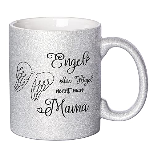 Geschenke 24 Glitzer Tasse Engel ohne Flügel nennt man Mama - Tasse mit Spruch | viele Farben | Kaffeebecher, Muttertagsgeschenk (Silber) von Geschenke 24