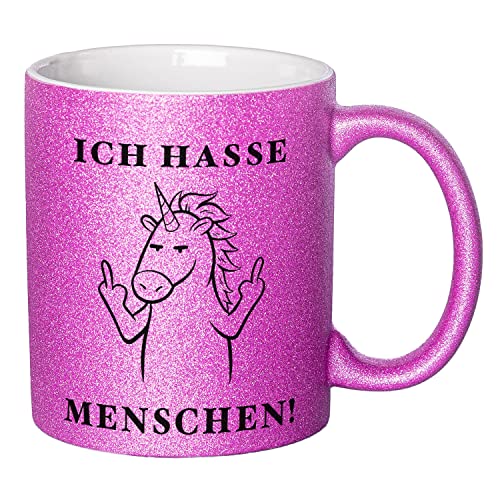 Glitzer Tasse mit Spruch Ich hasse Menschen | Lila | Einhorn | 330ml | doppelseitig bedruckt | Lustige Einhorntasse als witzige Geschenkidee zu Weihnachten für beste Freundin oder Kollegin von Geschenke 24