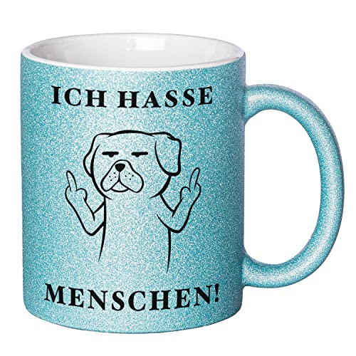 Glitzer Tasse mit Spruch Ich hasse Menschen | Türkis | Hund | 330ml | doppelseitig bedruckt | Für Hundeliebhaber als witzige Geschenkidee zu Weihnachten für beste Freundin oder Kollegin von Geschenke 24