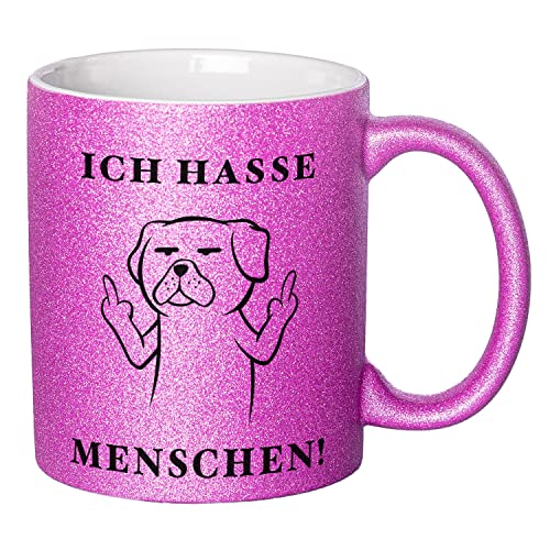 Glitzer Tasse mit Spruch Ich hasse Menschen | Lila | Hund | 330ml | doppelseitig bedruckt | Für Hundeliebhaber als witzige Geschenkidee zu Weihnachten für beste Freundin oder Kollegin von Geschenke 24