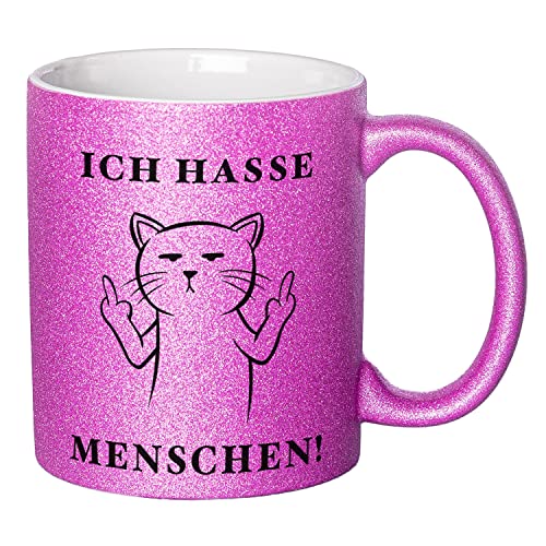 Glitzer Tasse mit Spruch Ich hasse Menschen | Lila | Katze | 330ml | doppelseitig bedruckt | Für Katzenliebhaber als witzige Geschenkidee zu Weihnachten für beste Freundin oder Kollegin von Geschenke 24