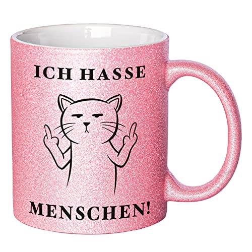 Glitzer Tasse mit Spruch Ich hasse Menschen | Rosa | Katze | 330ml | doppelseitig bedruckt | Für Katzenliebhaber als witzige Geschenkidee zu Weihnachten für beste Freundin oder Kollegin von Geschenke 24