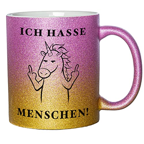 Glitzer Tasse mit Spruch Ich hasse Menschen | Lila-Gold | Einhorn | 330ml | doppelseitig bedruckt | Lustige Einhorntasse als witzige Geschenkidee zu Weihnachten für beste Freundin oder Kollegin von Geschenke 24