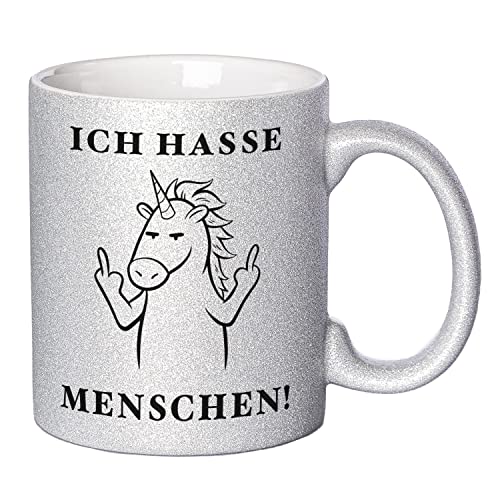 Glitzer Tasse mit Spruch Ich hasse Menschen | Silber | Einhorn | 330ml | doppelseitig bedruckt | Lustige Einhorntasse als witzige Geschenkidee zu Weihnachten für beste Freundin oder Kollegin von Geschenke 24