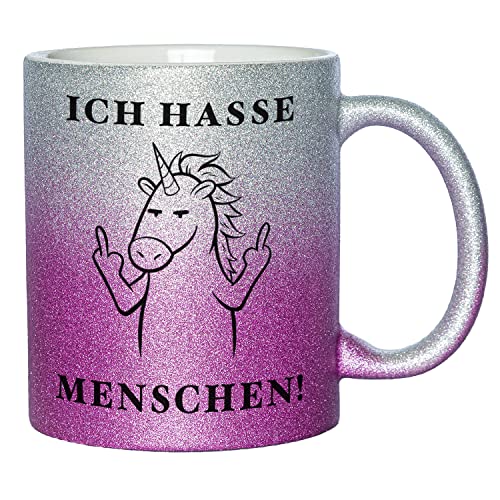 Glitzer Tasse mit Spruch Ich hasse Menschen | Silber-Lila | Einhorn | 330ml | doppelseitig bedruckt | Lustige Einhorntasse als witzige Geschenkidee zu Weihnachten für beste Freundin oder Kollegin von Geschenke 24