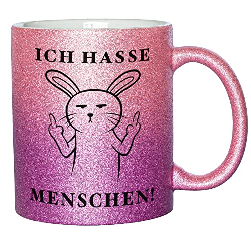 Glitzer Tasse mit Spruch Ich hasse Menschen | Rosa-Lila | Hase | 330ml | doppelseitig bedruckt | Lustige Hasentasse als witzige Geschenkidee zu Weihnachten für beste Freundin oder Kollegin von Geschenke 24