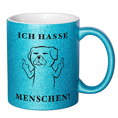 Glitzer Tasse mit Spruch Ich hasse Menschen | Blau | Hund | 330ml | doppelseitig bedruckt | Für Hundeliebhaber als witzige Geschenkidee zu Weihnachten für beste Freundin oder Kollegin von Geschenke 24