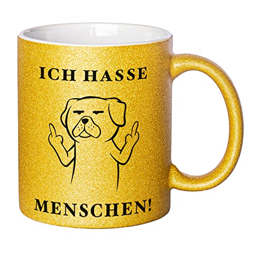 Glitzer Tasse mit Spruch Ich hasse Menschen | Gold | Hund | 330ml | doppelseitig bedruckt | Für Hundeliebhaber als witzige Geschenkidee zu Weihnachten für beste Freundin oder Kollegin von Geschenke 24