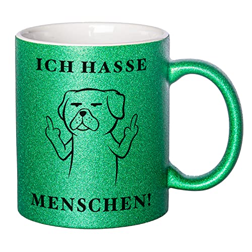 Glitzer Tasse mit Spruch Ich hasse Menschen | Grün | Hund | 330ml | doppelseitig bedruckt | Für Hundeliebhaber als witzige Geschenkidee zu Weihnachten für beste Freundin oder Kollegin von Geschenke 24