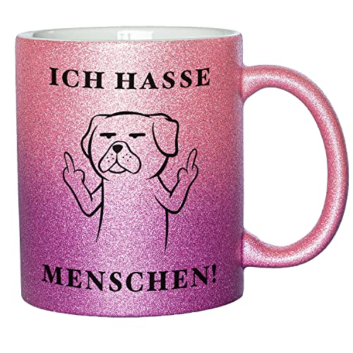 Glitzer Tasse mit Spruch Ich hasse Menschen | Rosa-Lila | Hund | 330ml | doppelseitig bedruckt | Für Hundeliebhaber als witzige Geschenkidee zu Weihnachten für beste Freundin oder Kollegin von Geschenke 24