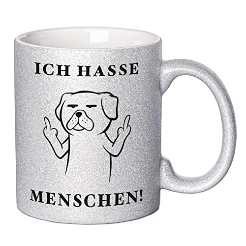 Glitzer Tasse mit Spruch Ich hasse Menschen | Silber | Hund | 330ml | doppelseitig bedruckt | Für Hundeliebhaber als witzige Geschenkidee zu Weihnachten für beste Freundin oder Kollegin von Geschenke 24