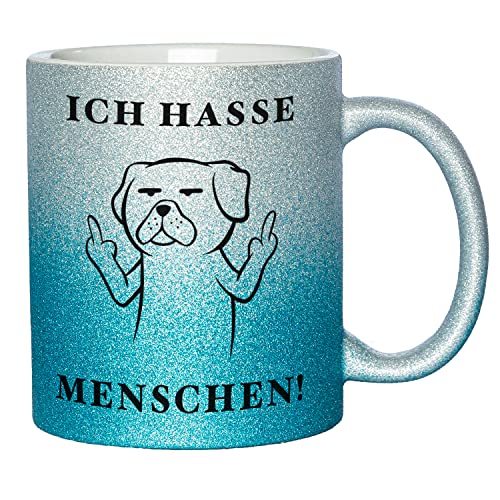 Glitzer Tasse mit Spruch Ich hasse Menschen | Silber-Blau | Hund | 330ml | doppelseitig bedruckt | Für Hundeliebhaber als witzige Geschenkidee zu Weihnachten für beste Freundin oder Kollegin von Geschenke 24