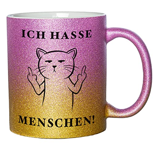 Glitzer Tasse mit Spruch Ich hasse Menschen | Lila-Gold | Katze | 330ml | doppelseitig bedruckt | Für Katzenliebhaber als witzige Geschenkidee zu Weihnachten für beste Freundin oder Kollegin von Geschenke 24