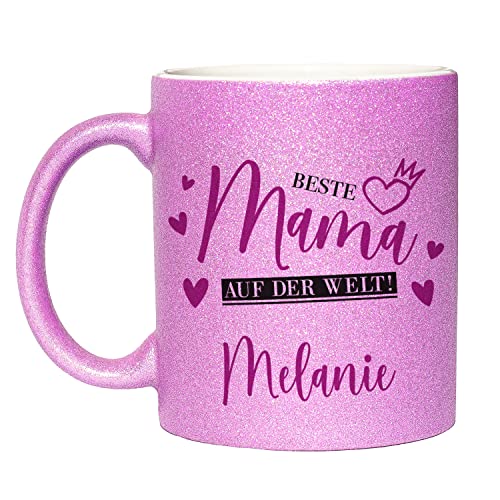Geschenke 24 Glitzer-Tasse bedruckt mit Spruch Beste Mama auf der Welt | Wunschname | Kaffeebecher | Teetasse | Muttertagsgeschenk | Dekotasse | Keramikbecher | (Lila) von Geschenke 24