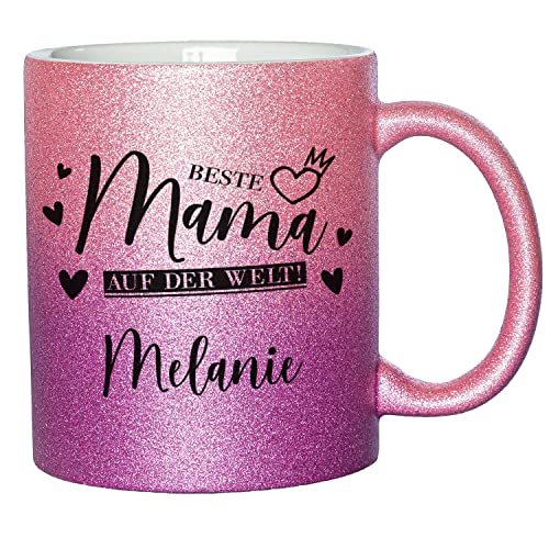 Geschenke 24 Glitzer-Tasse bedruckt mit Spruch Beste Mama auf der Welt | Wunschname | Kaffeebecher | Teetasse | Muttertagsgeschenk | Dekotasse | Keramikbecher | (Rosa-Lila) von Geschenke 24