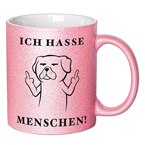 Glitzer Tasse mit Spruch Ich hasse Menschen | Rosa | Hund | 330ml | doppelseitig bedruckt | Für Hundeliebhaber als witzige Geschenkidee zu Weihnachten für beste Freundin oder Kollegin von Geschenke 24