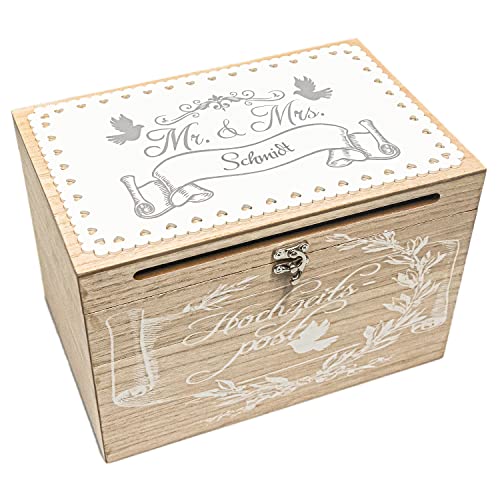 Geschenke 24 Hochzeitsbox aus Holz für Briefe und Karten | bedruckt | personalisiert mit Familiennamen | Wunschname | Hochzeitsgeschenk | Geldgeschenk | Geschenkbox von Geschenke 24