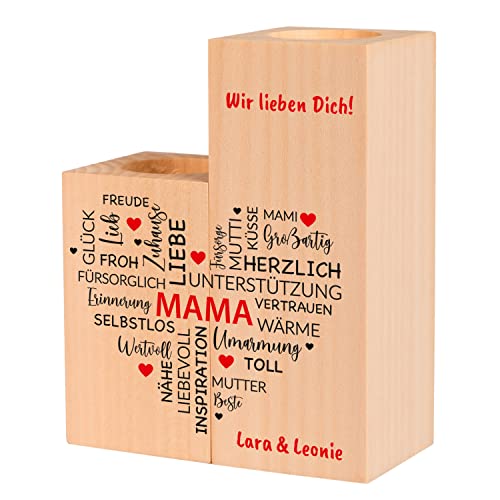 Geschenke 24 | Holz-Kerzenständer-Set für Mama (Wortherz) | personalisiert mit Wunschtext oder Wunschname | Geschenkidee zum Muttertag | mit Spruch | Teelichthalter mit Druck von Geschenke 24
