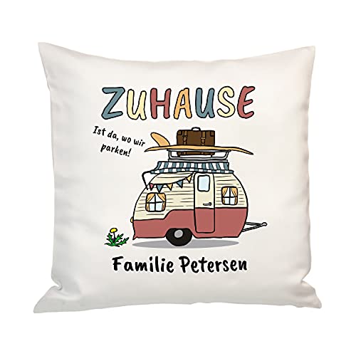 Geschenke 24 Kissen Camping personalisiert Zuhause ist (Wohnwagen): Kissenbezug 40x40, Dekokissen mit Füllung, Sofakissen - Geburtstagsgeschenk, Camping von Geschenke 24