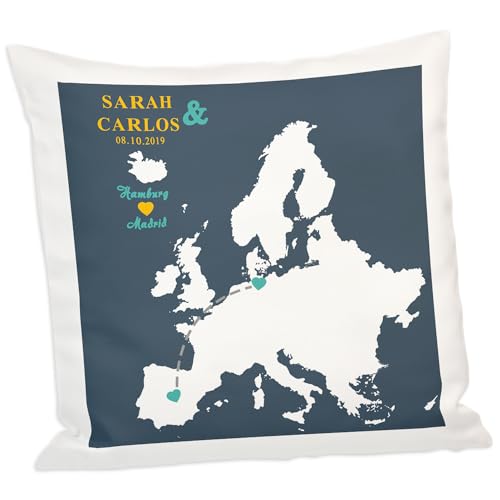 Geschenke 24 | Kissen-Set Fernbeziehung (Mint-dunkelblau,Europakarte)| personalisiert mit Wunschnamen, Wunschdatum und Wunschort | 40 x 40 cm | Set aus Zwei Kissen | Geschenkset für Paare von Geschenke 24