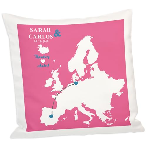 Kissen-Set Fernbeziehung (pink-blau,Europakarte) | personalisiert mit Wunschnamen, Wunschdatum und Wunschort | 40 x 40 cm | Set aus Zwei Kissen | Geschenkset für Paare von Geschenke 24