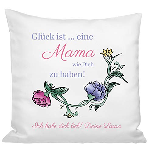 Geschenke 24 Kissen mit Blumenornament - Glück ist eine Mama wie Dich zu haben - Mit Personalisierung - Dekokissen Geburtstagsgeschenk, Muttertagsgeschenk von Geschenke 24