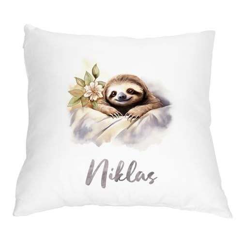 Kuschel-Kissen personalisiert Faultier-Motiv im Comic-Stil (Blume) | mit Wunschname Bedruckt | Witziges Dekogeschenk | 40 x 40 cm von Geschenke 24