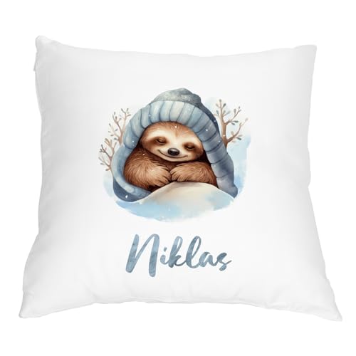 Kuschel-Kissen personalisiert Faultier-Motiv im Comic-Stil (Müdigkeit) | mit Wunschname Bedruckt | Witziges Dekogeschenk | 40 x 40 cm von Geschenke 24